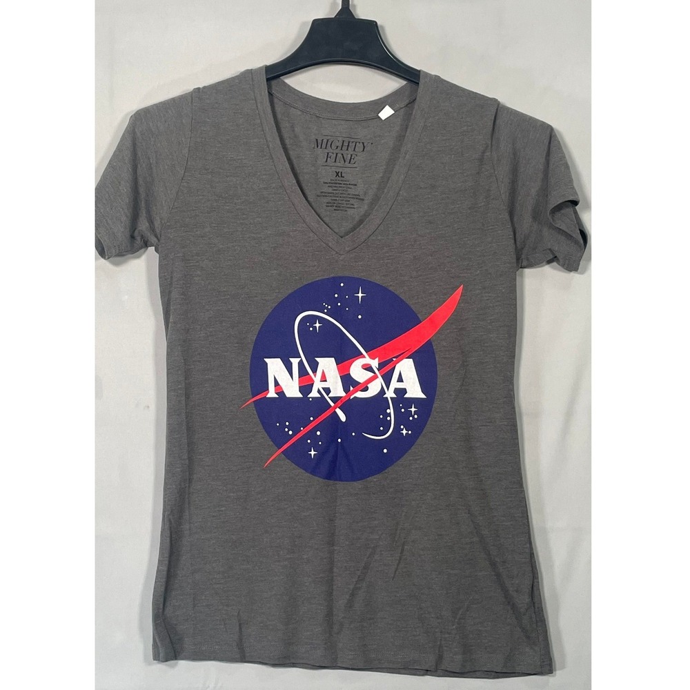Mighty Fine NASA Graphic V-Neck T-Shirt Women XL Grey Short Sleeve Space Tee